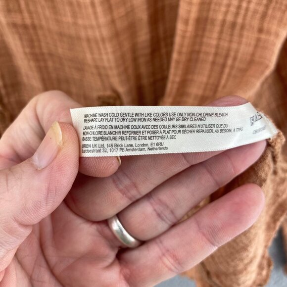 Free People Top Womens Large Brown 3/4 Angel Sleeves Ruffled Godet Gauzy Boho - Picture 7 of 10